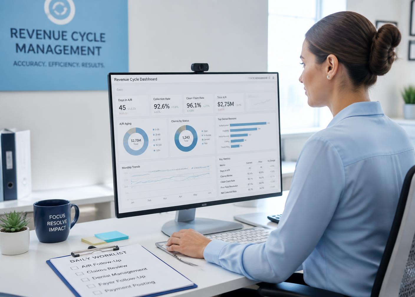 Revenue cycle specialist reviewing medical billing analytics